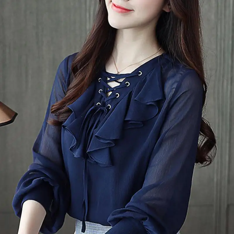 

Spring Autumn Fashion Elegant Woman Ruffles Lace Up Lantern Full Sleeve Chiffon Blouse , Korean Designer Women Loose Blouses