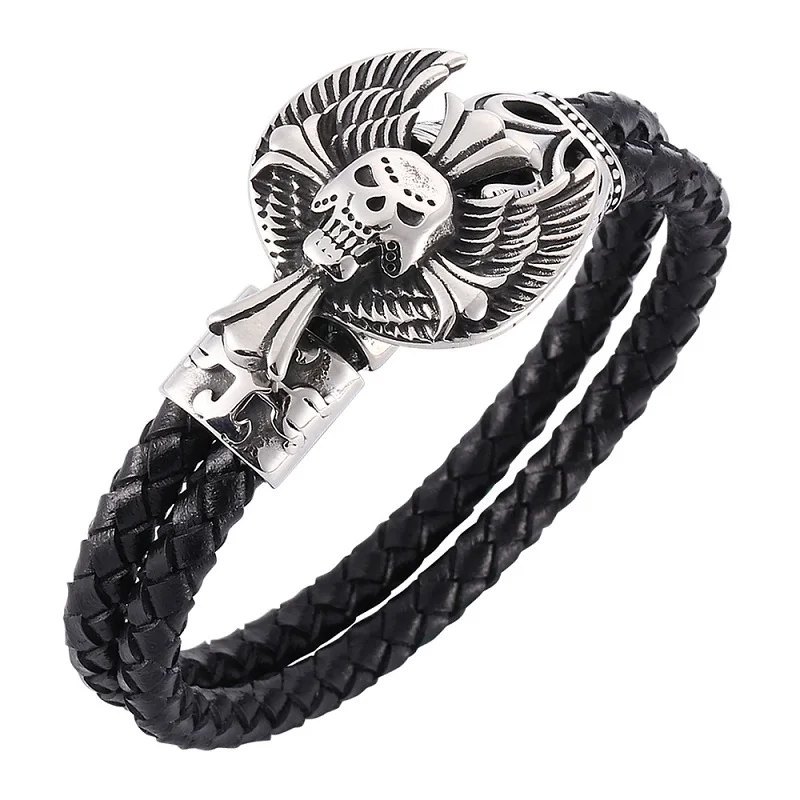 Punk Stainless Steel Skull Cross Buckle Men Black Double Layer Braided Leather Charm Bracelets Rock Male Wrist Band Gifts ST757 | Украшения