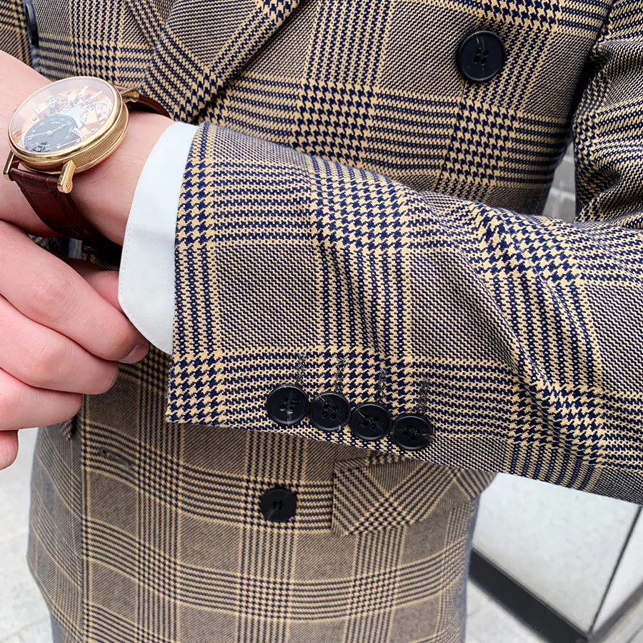 Хаки светильник синий Клетчатый костюм для Для мужчин Slim Fit s двубортный жениха