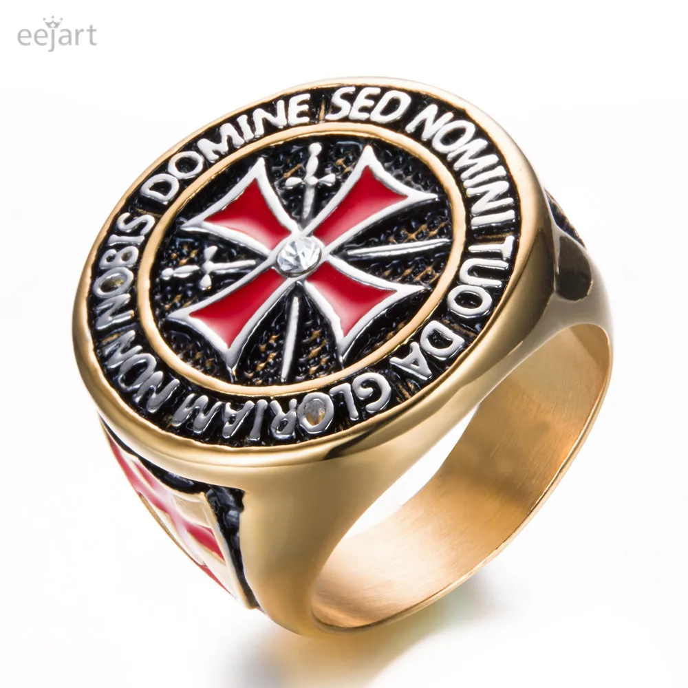 Мужское кольцо из нержавеющей стали с красным крестом и фианитом|templar cross ring|cross