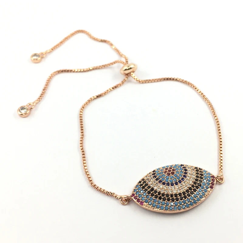 

Rose Gold Color 22*16mm Blue Turkey Evil Eye Hamsa Fatima Hand Charms for Women Adjustable Bracelets CZ jewelry