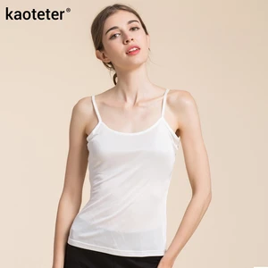 Женские майки с бюстгальтером из 100% чистого шелка, простые женские топы с лямкой на шее, однотонные черные повседневные женские майки