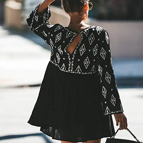 Women V-Neck Loose Long Sleeve Printed Short Dress Backless Button Pocket Pure Color Pleated Mini Black | Женская одежда
