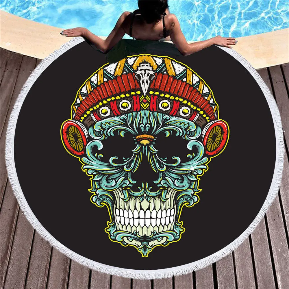 Цветное круглое пляжное полотенце с черепом розовое из мягкой микрофибры для