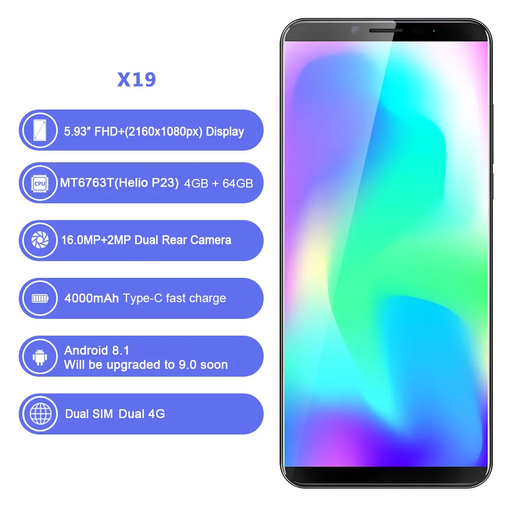 Cubot X19 смартфон Helio P23 Восьмиядерный 5,9" 2160*1080 FHD+ дисплей 4000 мАч 4 Гб+ 64 Гб Face ID type-C сумеречный градиент цвета Телефон