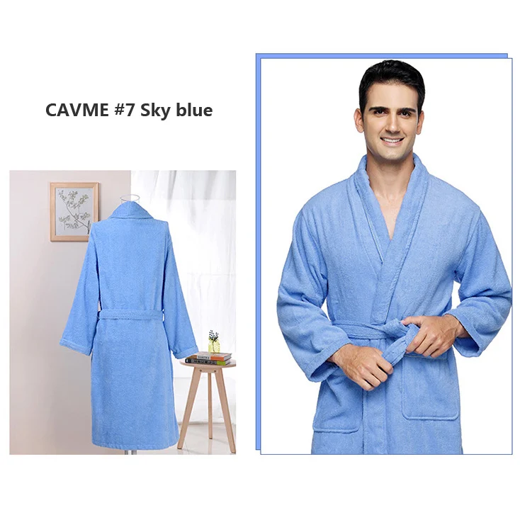 CAVME 7 Sky blue Хлопковый махровый халат для пары, кимоно, полотенце, халат для отеля, халаты для женщин и мужчин, длинный халат для отдыха, длинный рукав, ночной халат - Цвет: CAVME 7 Sky blue