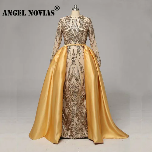 Angel Novias, настоящее мусульманское зеленое вечернее платье с длинными рукавами,, Frauen Abend Kleid, вечерние платья на выпускной со съемной юбкой - Цвет: Золотой