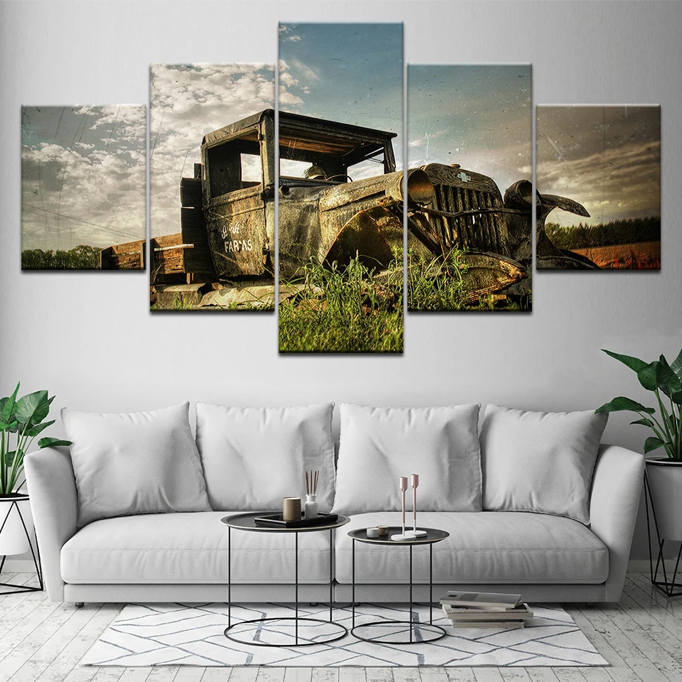 5 Panel Wall Art Old Vintage Truck On The Prairie Painting Picture Print Canvas Car For Home Modern Decor Artwork | Дом и сад