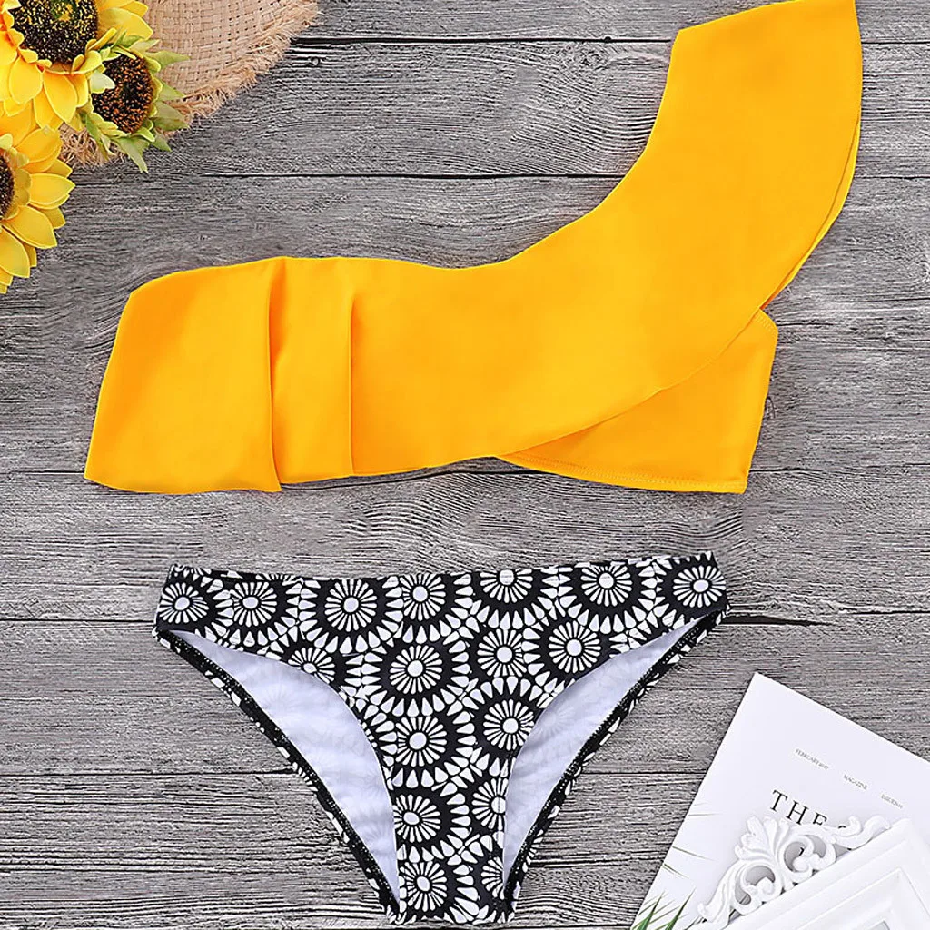 Женский купальник на одно плечо сексуальный комплект бикини с принтом купальный