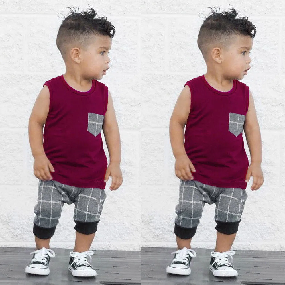 Infant Toddler Baby Boys Girl Plaid Tops T Shirt Vest Shorts Outfits Clothes Set boys clothes 3 year 0425 | Детская одежда и обувь