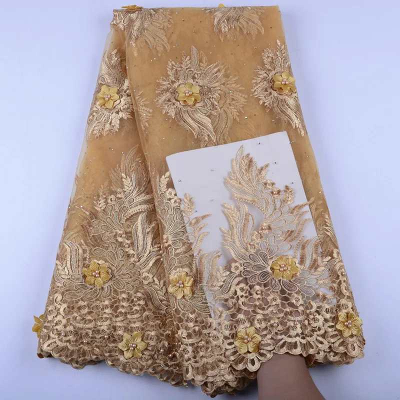 

2019 African Embroidery Mesh Tulle Lace 3D Flower With Beaded Gold French Net Lace Fabrics Wholesale For Wedding Party S1439