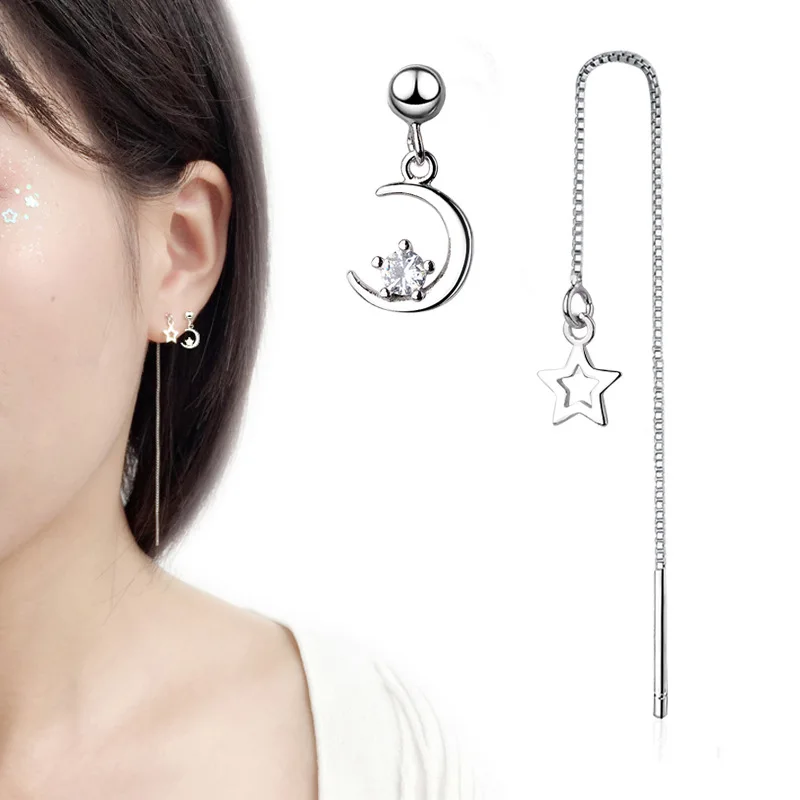

Star Asymmetry Short and Long Chain Silver Drop Earring for Women Small Round Crystal Dangle Earrings Wedding Statement Ear
