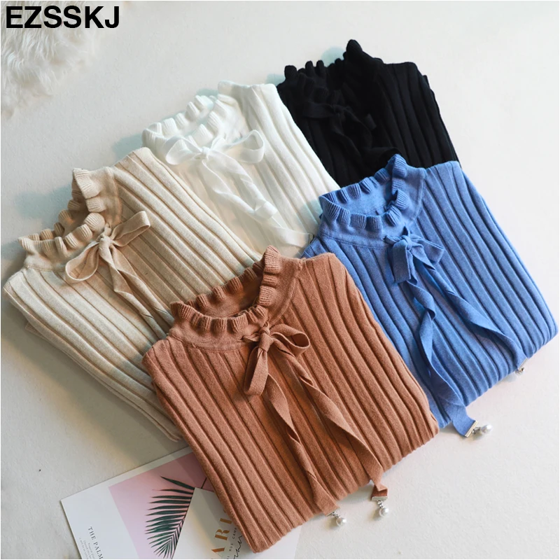 NEW vintage thick Autumn Winter Sweater pullovers Women ruffled collar Long Sleeve bow sweater female soft pullover top | Женская одежда