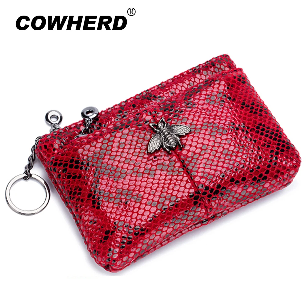 Snake Skin Pattern Metal Bee Accessory Zipper Coin Change Bag 2020 New Fashion Genuine Leather Multi-layer Soft for Ladies | Багаж и сумки