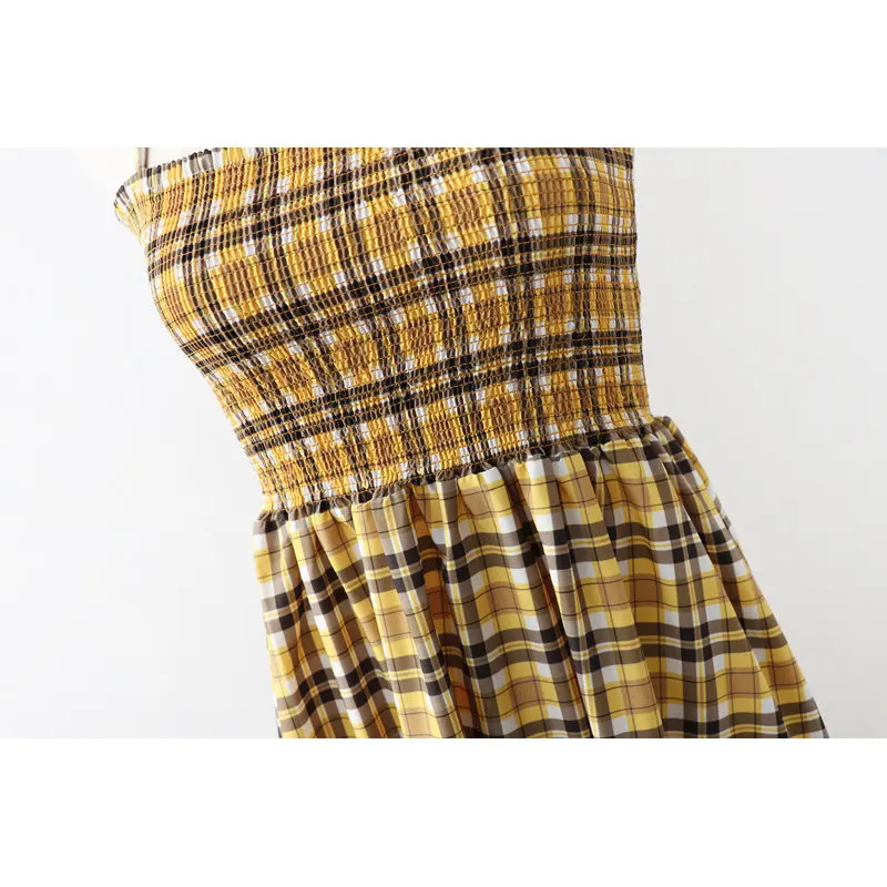 new 2019 plaid women dress spaghetti strap sleeveless a line long dresses summer yellow fashion party maxi chic ladies vestidos | Женская