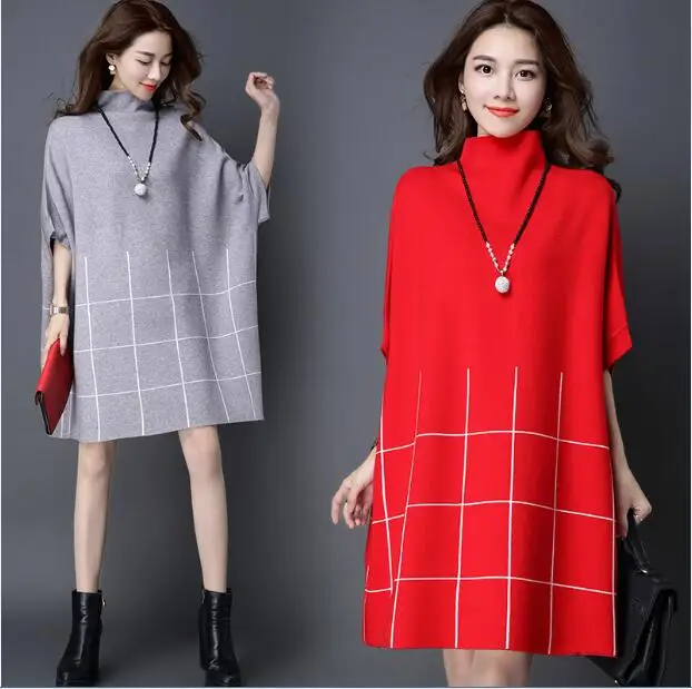 Женское трикотажное хлопковое платье-свитер с рукавами летучая мышь | Женская