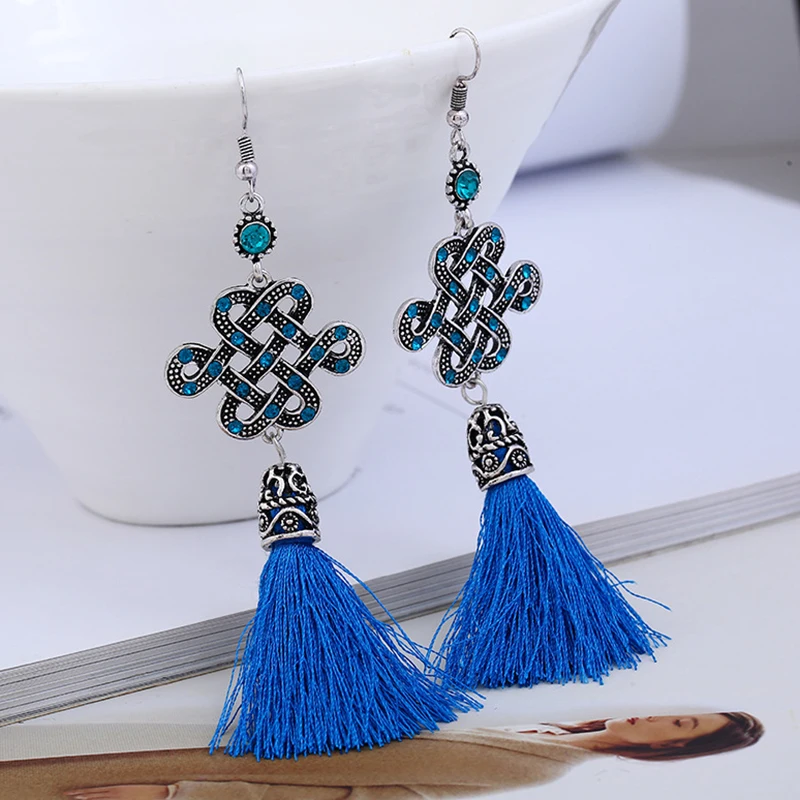 Long Earrings for Women Blue Chinese Knot Tassel Zinc Alloy Korean Drop Jewelry 2018 | Украшения и аксессуары
