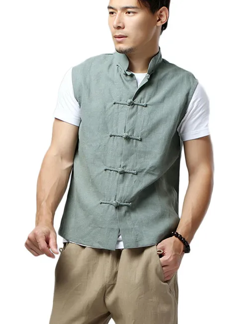 Pea Green LZJN Men's Summer Waistcoat Chinese Style Vintage Breathable Linen Button Down Kung Fu Shirt Sleeveless Vest Jacket - Color: Pea Green