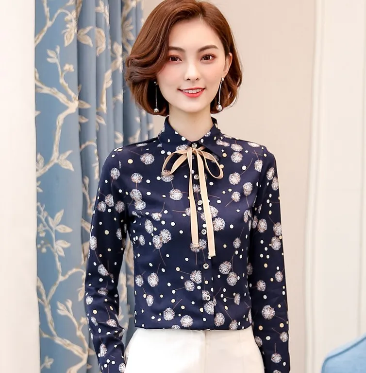 Navy blue Весенняя элегантная женская рубашка с бантом, новая модная формальная тонкая шифоновая блуза с длинным рукавом и принтом, офисные женские топы размера плюс - Цвет: Navy blue
