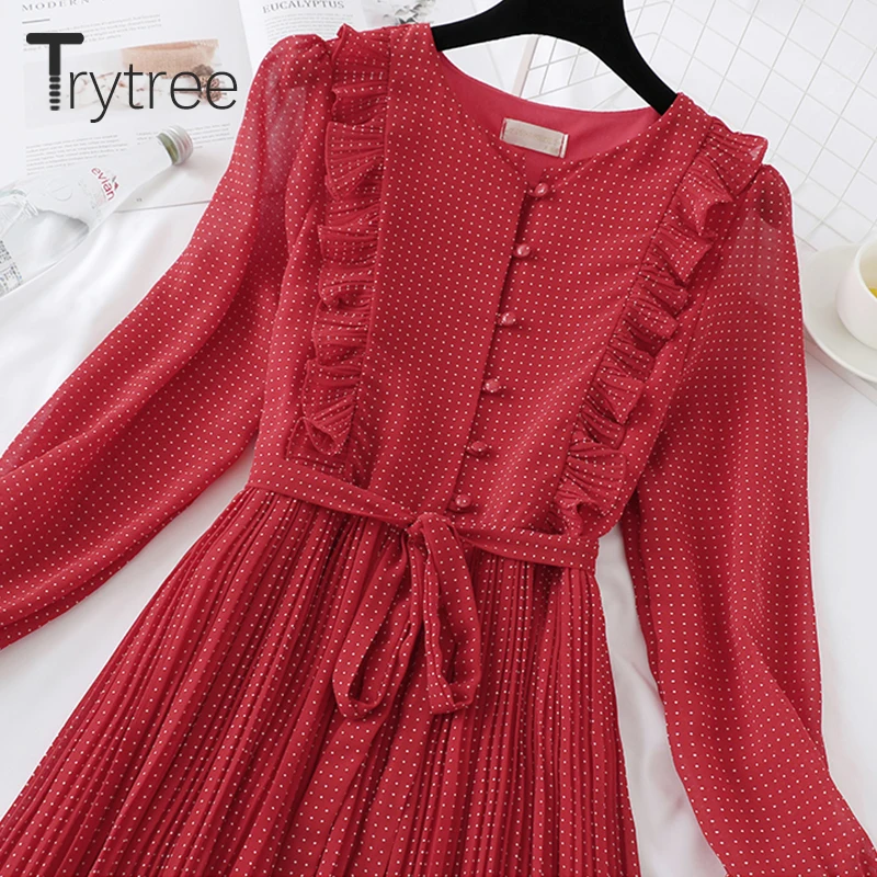 Винтажное платье рубашка в горошек с оборками и рукавом бабочкой|Женские платья|