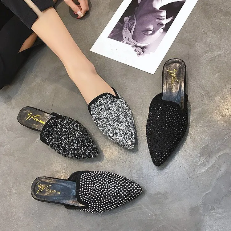 

Crystal Bling Fashion mules 2019 summer women female outdoor black shoes slides ladies slippers designer footwear luxury silver