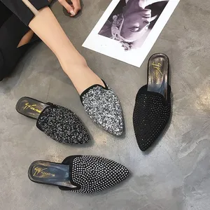 Мюли женские с кристаллами, модные уличные туфли, сланцы, дизайнерская Роскошная Серебристая обувь, черные, лето 2019