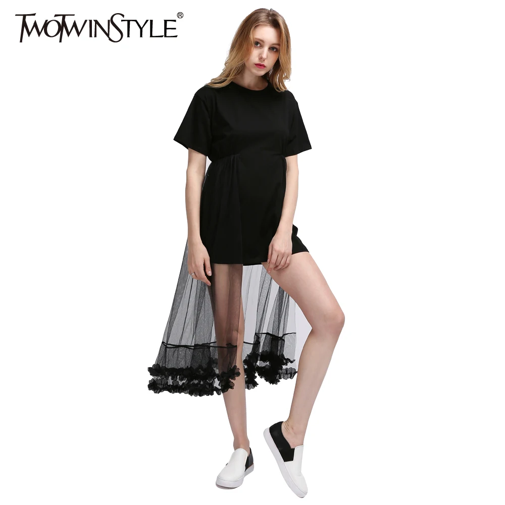 TWOTWINSTYLE 2019 летнее короткое платье из тюля футболки женские кружевные черные мини