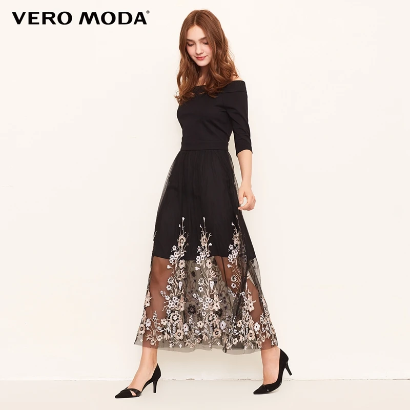 Vero Moda женские с открытыми плечами вышитые трикотажные Gauzy сплайсинга платье вечерние платья | 31837C533