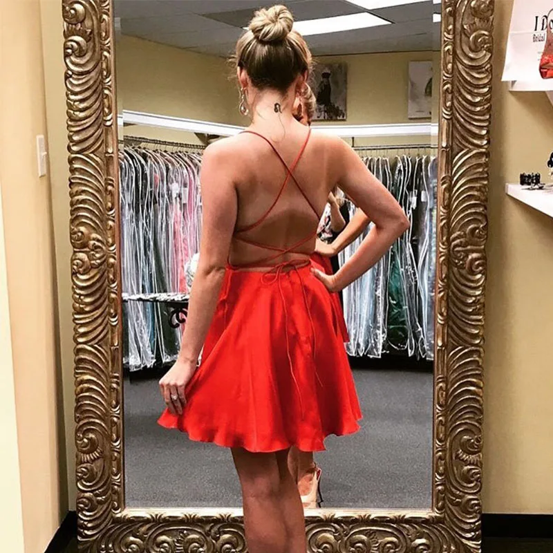 2019 Simple Above Knee Length Mini Cocktail Dresses Cheap Prom Crisscross Back Red Satin Short Party Dress | Свадьбы и торжества
