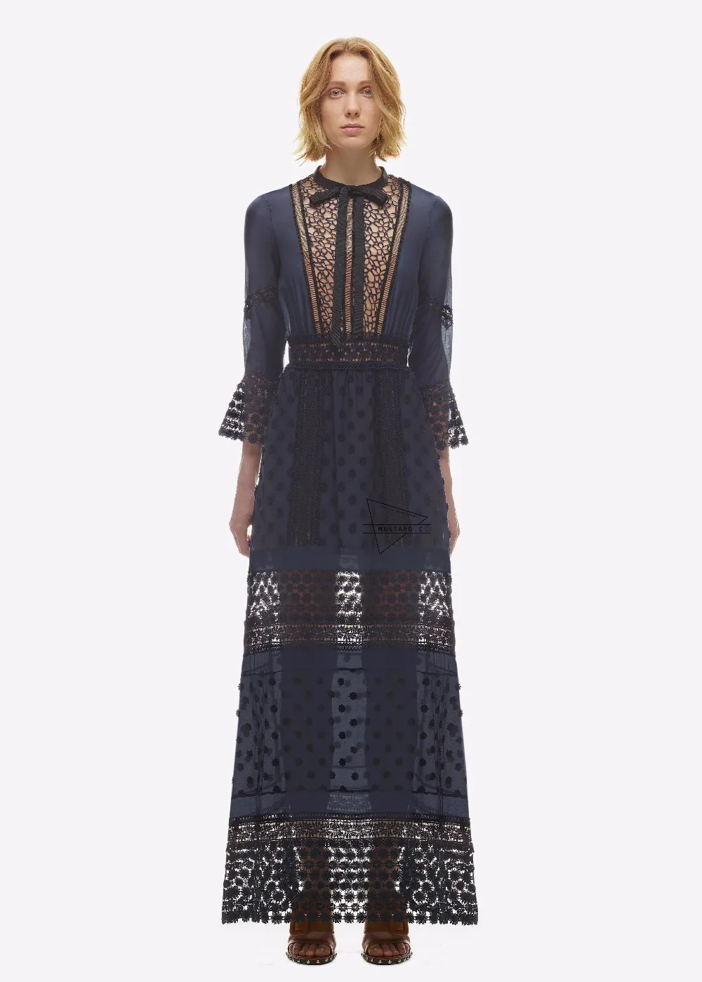 Женское платье-макси с длинным рукавом синее кружевное платье весна 2017 модное