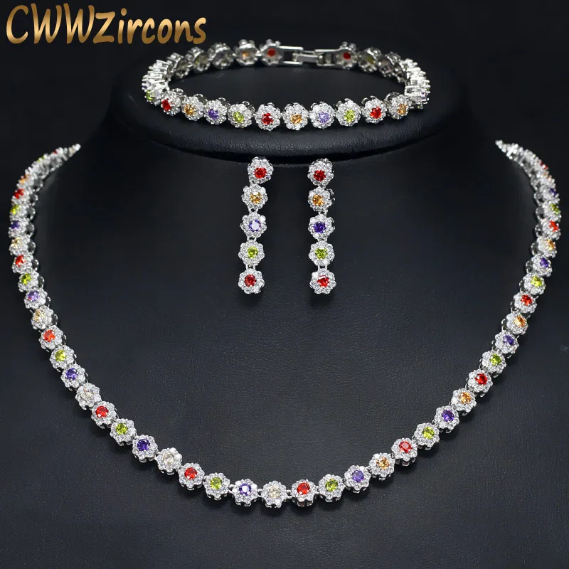CWWZircons 3 шт. CZ Зеленый Кристалл браслет ожерелье и серьги наборы роскошные женские свадебные аксессуары невесты ювелирный набор T030 - Окраска металла: colorful