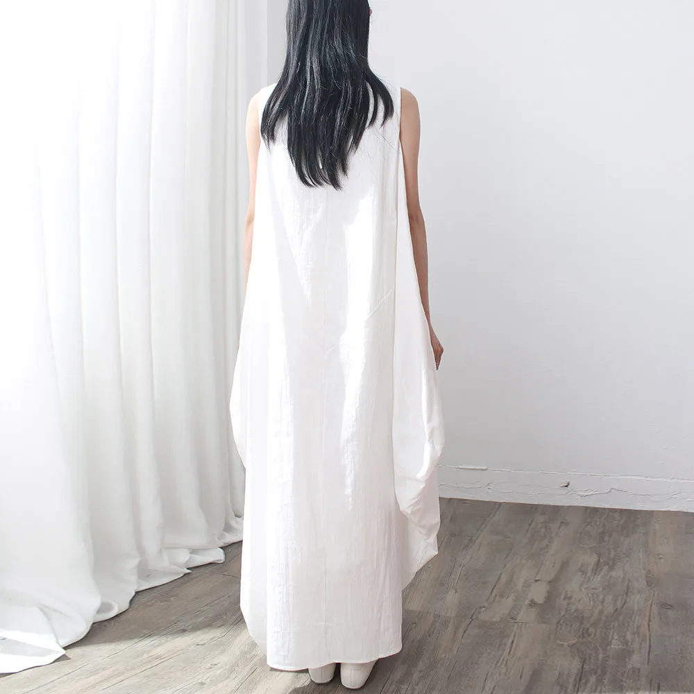 BUYKUD 2019 New Vintage Plus Size Solid Color Sleeveless Linen Irregular Big Pockets Women Dresses O-neck Casual Dress Summer | Женская