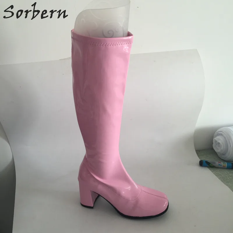 Pink Shiny Sorbern сапоги до колена унисекс в стиле ретро с квадратным носком; женские сапоги из блестящей искусственной кожи на низком квадратном каблуке в стиле «Gogo»; большие размеры 36-46; цвета на заказ - Цвет: Pink Shiny