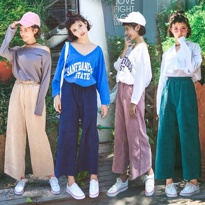 

Women casual pants Wide Leg Pants Elastic Waist Autumn New Loose Brief Pockets Women Trouser 7 Colour Corduroy Pants