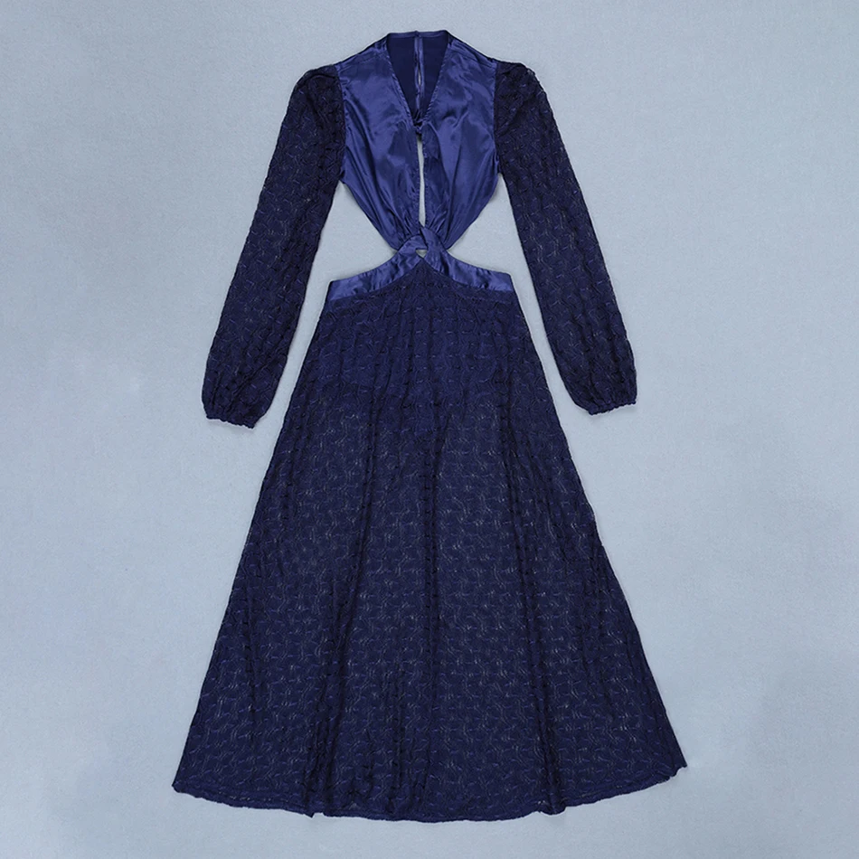 2019 летнее новое женское сексуальное темно синее длинное платье с длинным рукавом