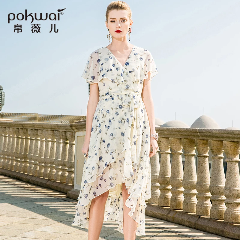 Pokwai длинный Повседневное цветочное летнее шифоновое платье Для женщин 2018 новая