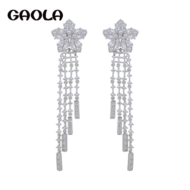 

New Arrival Female Fashion Brand Jewelry Tassel Long CZ Earrings Gold Color Flowers Exaggerated Punk Dangle Earring GLE5182