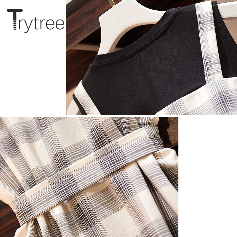 Женское клетчатое платье Trytree офисное лоскутное с круглым вырезом пояс оборками