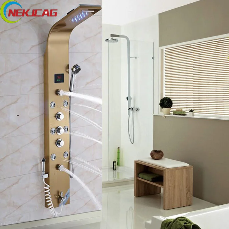 Модная Светодиодная панель для душа с массажными струями золотого цвета + Ручная