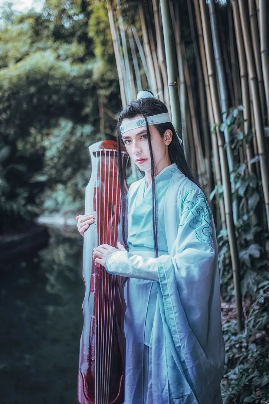 Lan Wangji белый синий костюм с вышивкой мужской косплей Hanfu для аниме основатель диаболизма Древний китайский учёный Hanfu