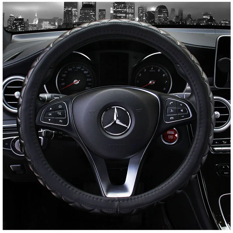 

KKYSYELVA Black Car Sport Steering Wheel Cover Leather Auto Steering Covers Universal 38CM wheel covers Car Inter Accessories