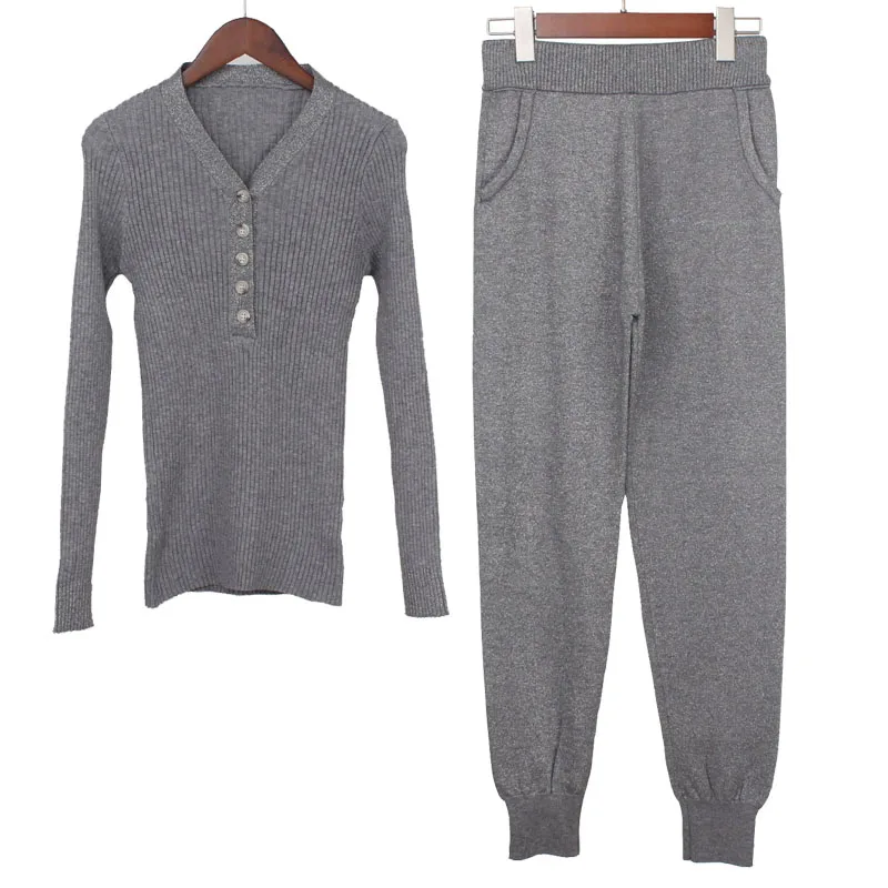 Gray GG0189 Осенний комплект из 2 предметов; вязаный пуловер; свитер с люрексом; сверкающий вязаный джемпер; топы и брюки; костюмы; модные спортивные костюмы с длинными рукавами - Цвет: Gray GG0189