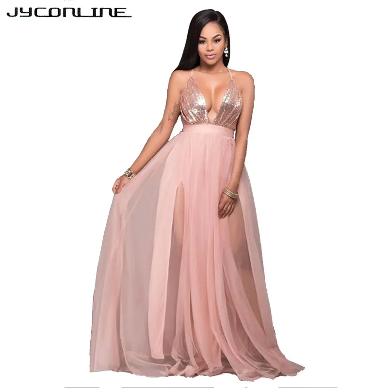 Женское длинное платье JYConline вечернее Сетчатое в пол без рукавов с блестками |