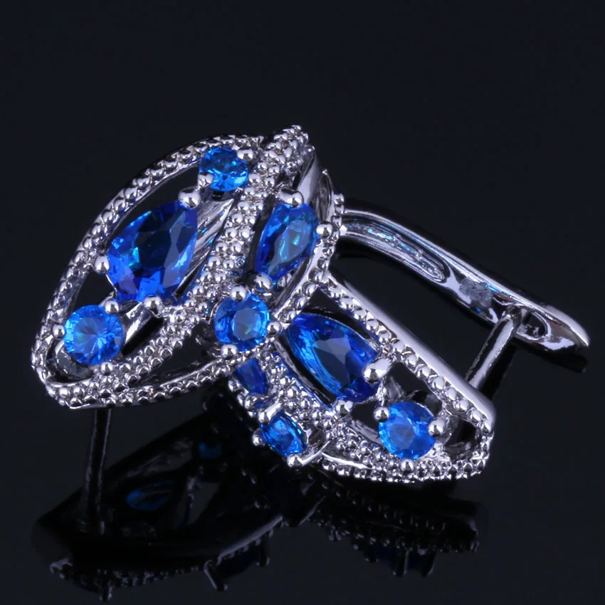 

Noblest Flower Blue Cubic Zirconia Silver Plated Clip Hoop Huggie Earrings V0937