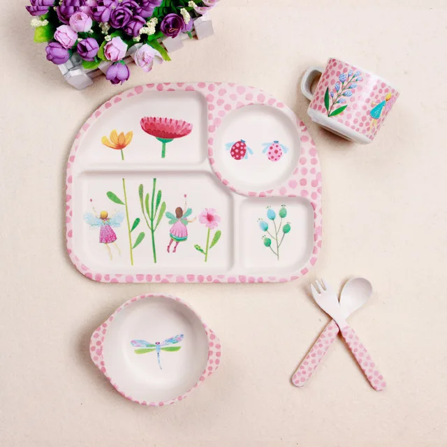 pink 5 комплектов детской посуды, миска, вилка, ложка, Набор чашек из натурального бамбукового волокна, милая мультяшная посуда для кормления детей, детская посуда - Цвет: pink