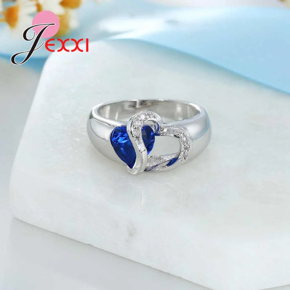 Crystal 925 Sterling Silver Heart Shape Blue Cubic Zirconia Rings Women Jewelry For Party Engagement Valentine's Day | Украшения и