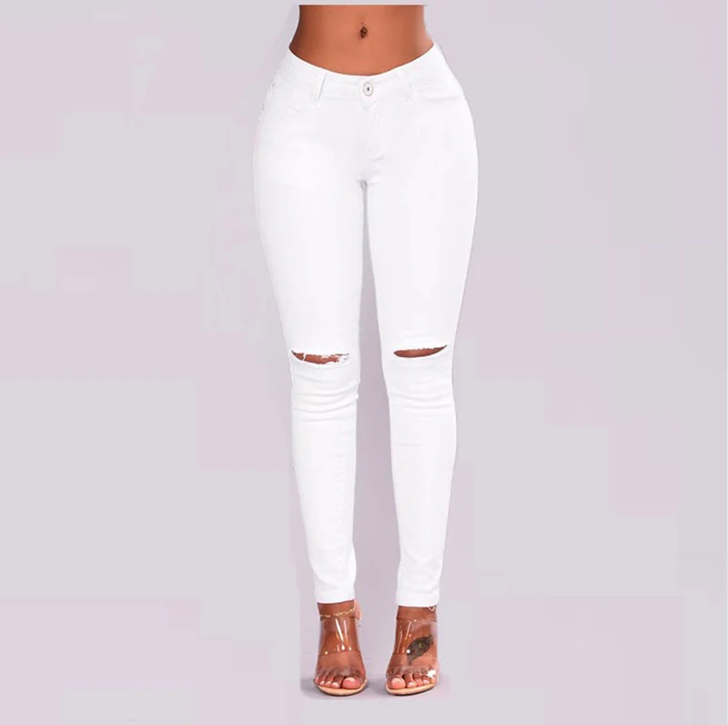 Женские джинсы-карандаш белые рваные джинсы с потертостями синие новинка 2019 |