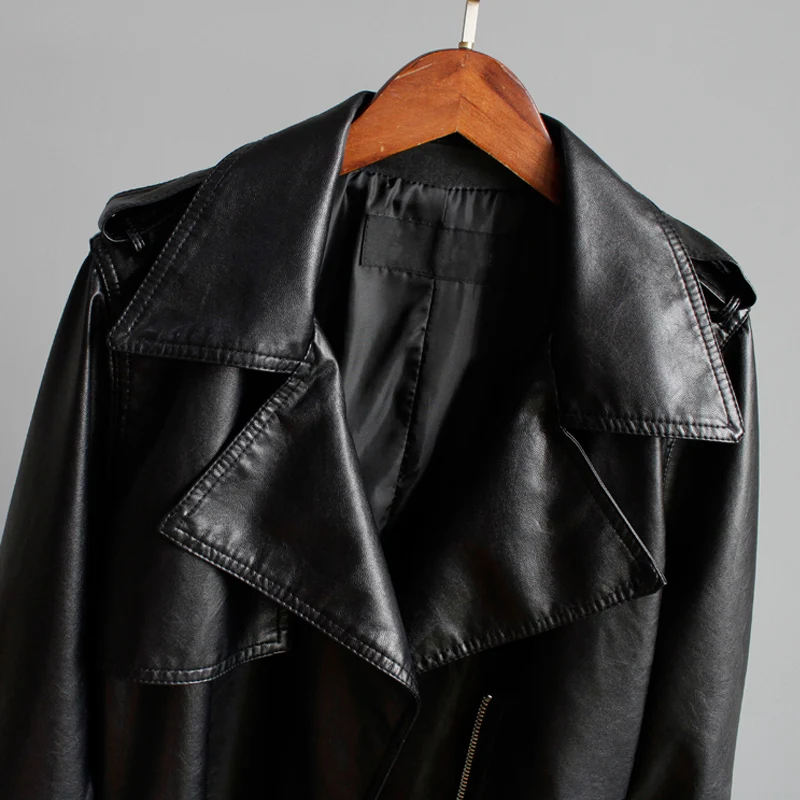 

2019 New Autumn PU Leather Jacket Faux Soft Leather Women Coat Turn-down Collar Female Loose Motorcycle Pink Jacket