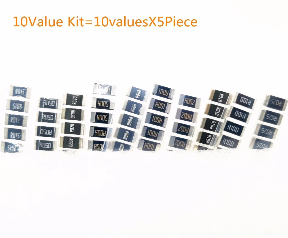 50 шт. комплект сопротивления из сплава 2512 SMD образцов резистора 10 kindsx5 = R001 R002 R005 R008