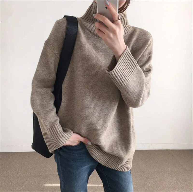new arrival goat cashmere thick solid knit women korean style high collar long pullover sweater white 2color one&ampover size | Женская